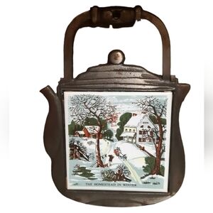 VTG SEVEN 7 STAR Cast Iron Tile Trivet “The Old Homestead in Winter" tea pot